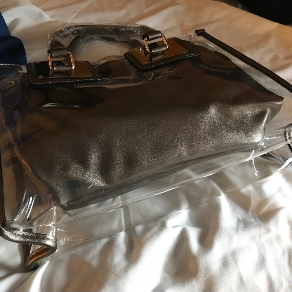PEWTER AND TRANSPARENT 2-IN-1 SATCHEL TOTE HANDBAG - Picture 5 of 15